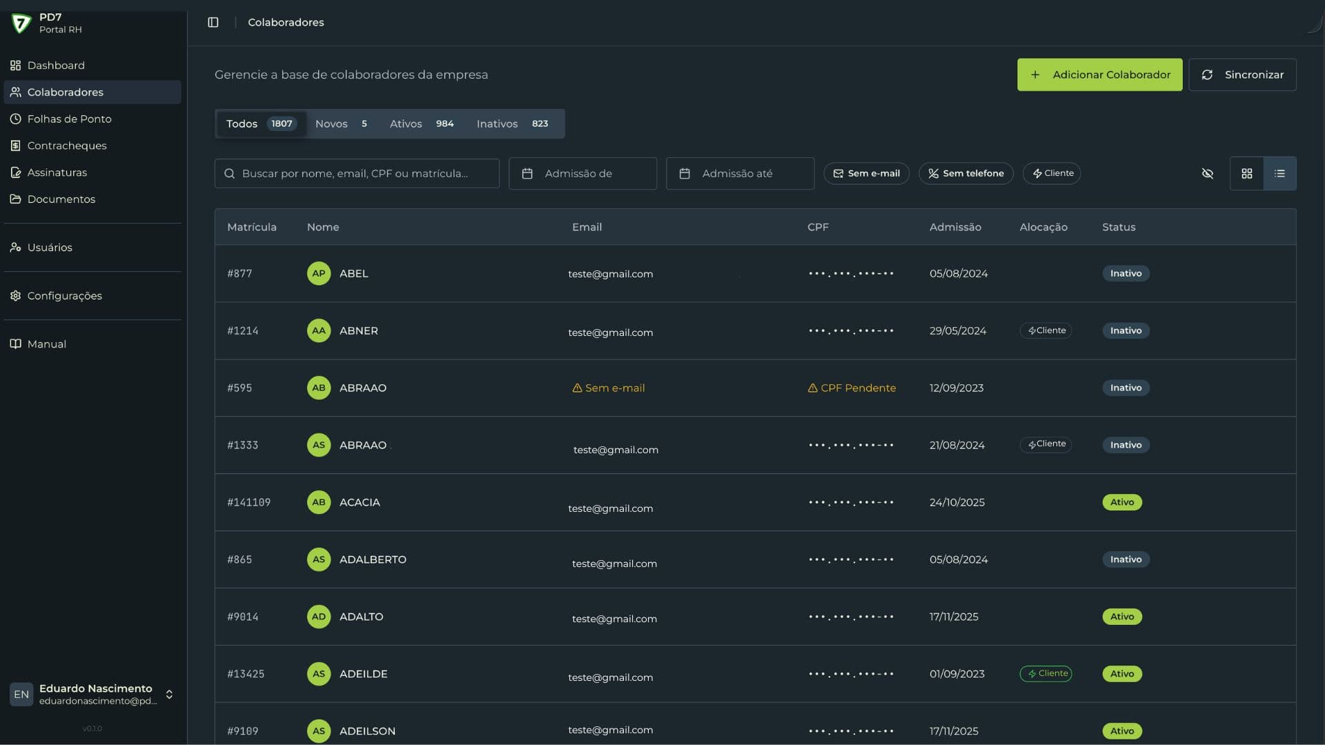 Lista de colaboradores integrada de múltiplas fontes