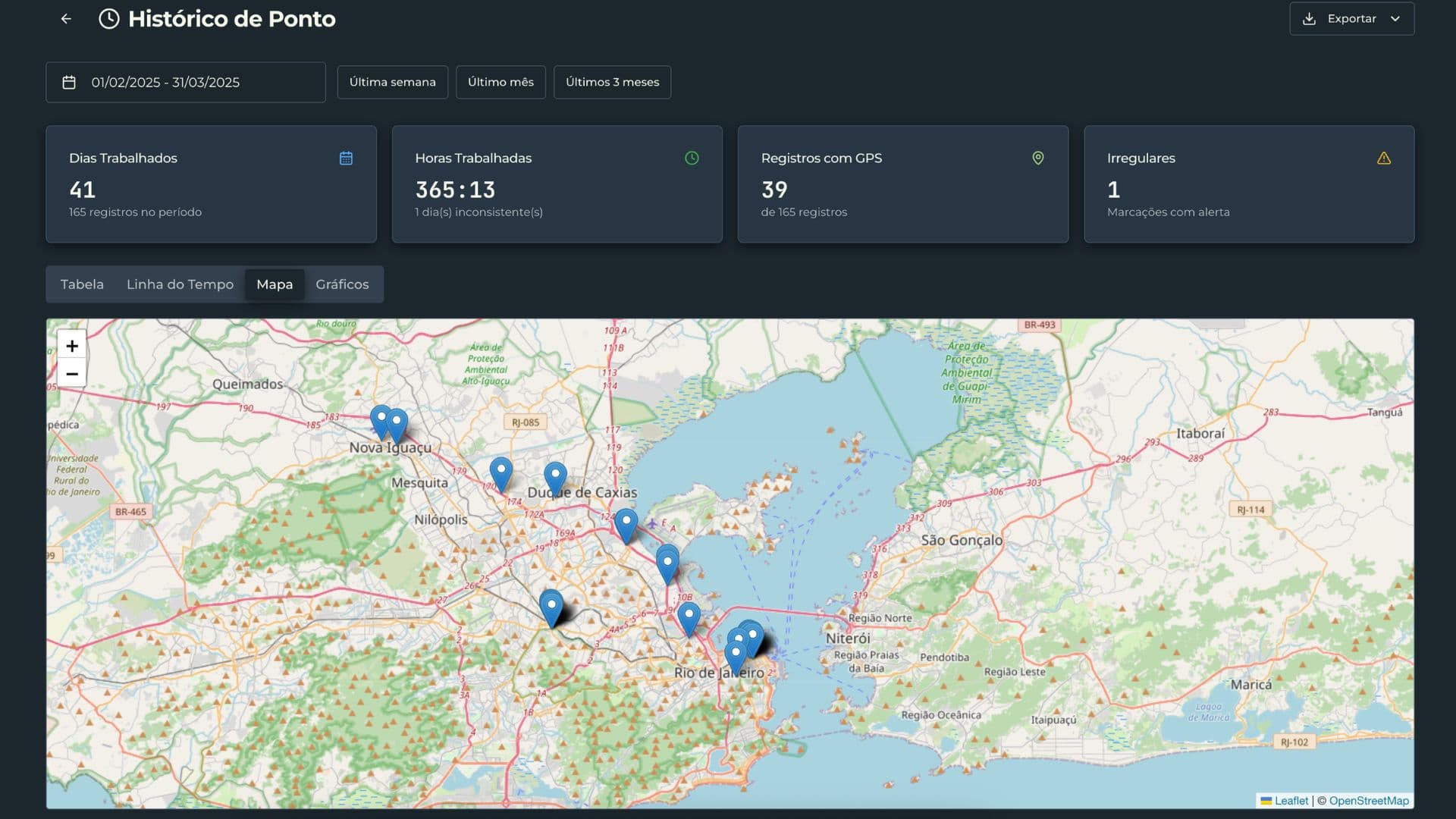 Mapa com batidas de ponto geolocalizadas